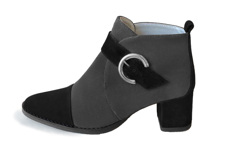 Matt black and dark grey women's ankle boots with buckles at the front. Round toe. Medium block heels. Profile view - Florence KOOIJMAN